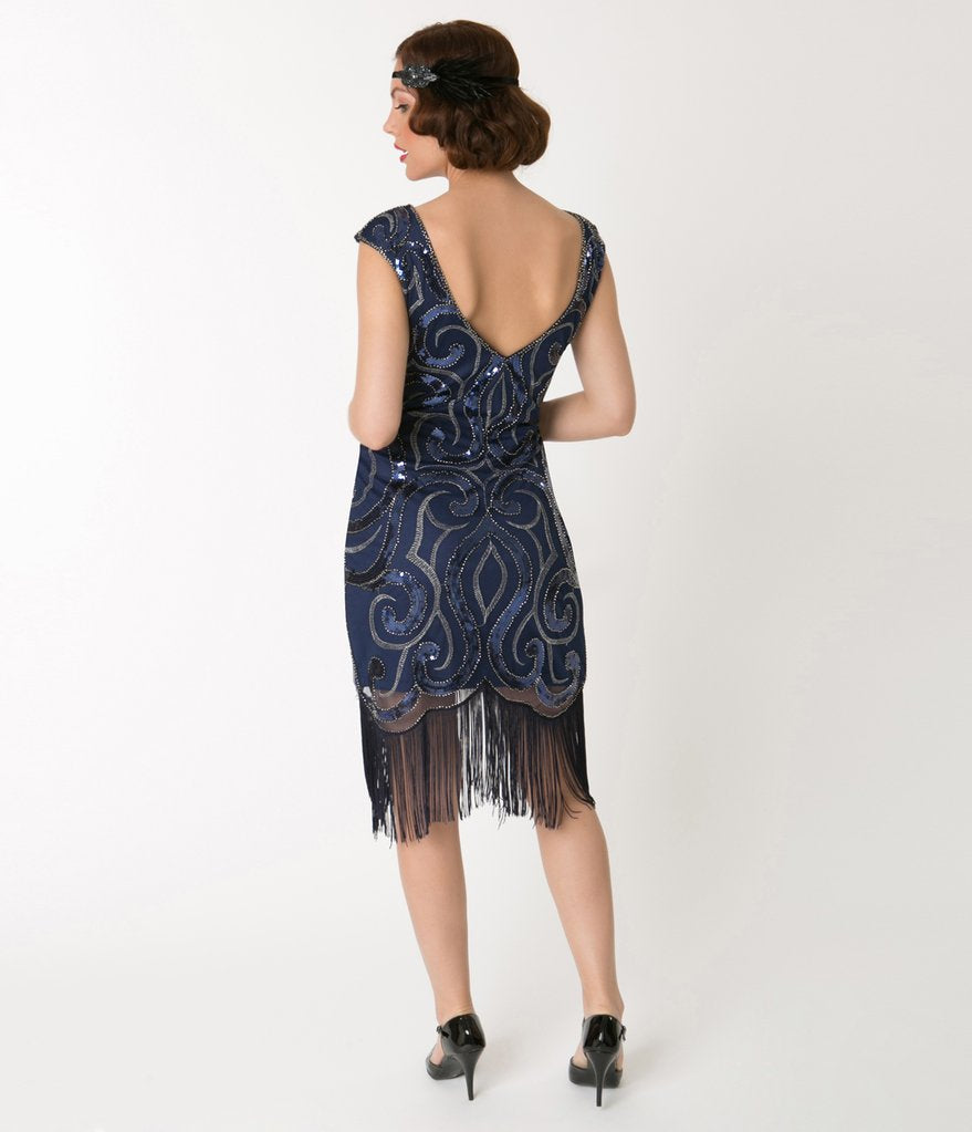 navy blue 1920s dress Zapaka Royal Blue V Neck Sleeveless Sequins Glitter 1920s Bodycon Fringe Flapper Dress, Blue / 2XL