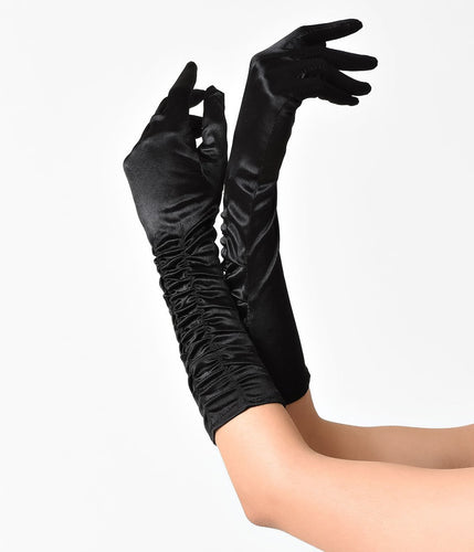 Unique Vintage Black Ruched Satin Long Gloves