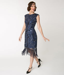 Unique Vintage Navy Blue & Silver Swirl Iris Fringe Flapper Dress – Retro on the Go