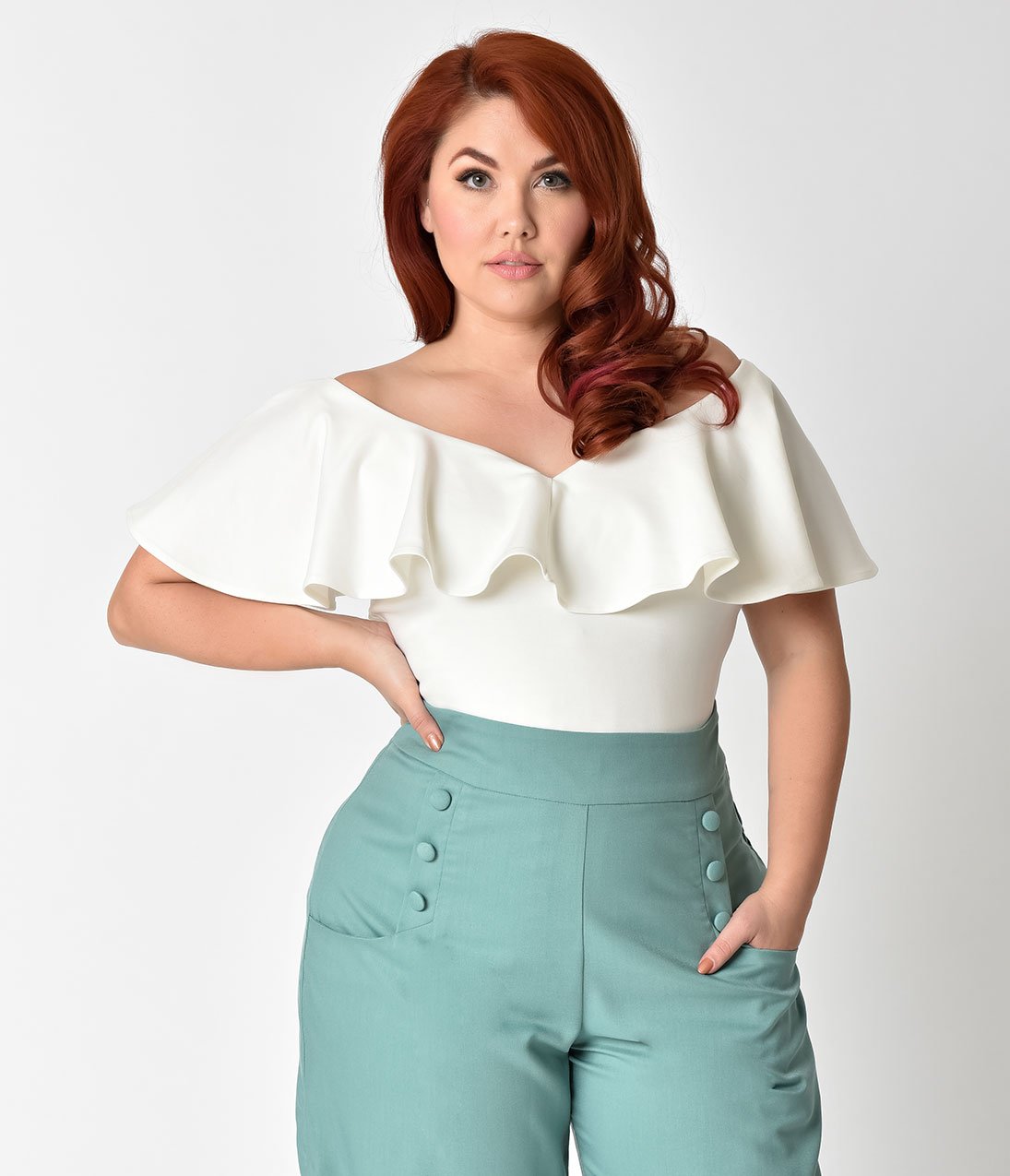Unique Vintage Plus Size 1950s Ivory Off Shoulder Ruffle Frenchie