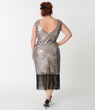 Unique Vintage Plus Size Silver Sequin & Black Fringe Sandrine Flapper Dress